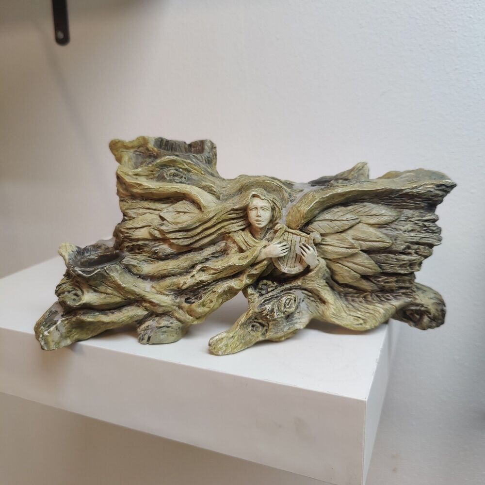 Angel With Harp Faux Driftwood 3 Hole Candle Holder Lyre Musician Decor